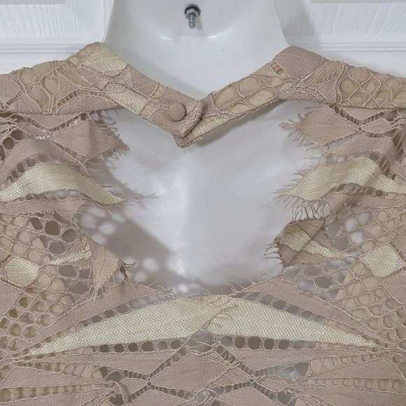 Free People Ivory Beige Deco Lace Cutout Eyelash Hem Bell Sleeve Mini Dress - 8* - Picture 11 of 15